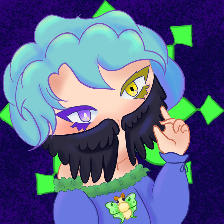 Profile Picture shows a blue haired character with lilac and yellow eyes.