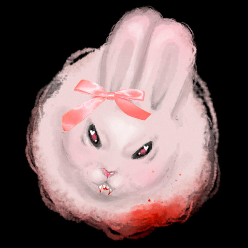 Profile Picture shows a pink angry bunny with vampire teeth and a pink bow
